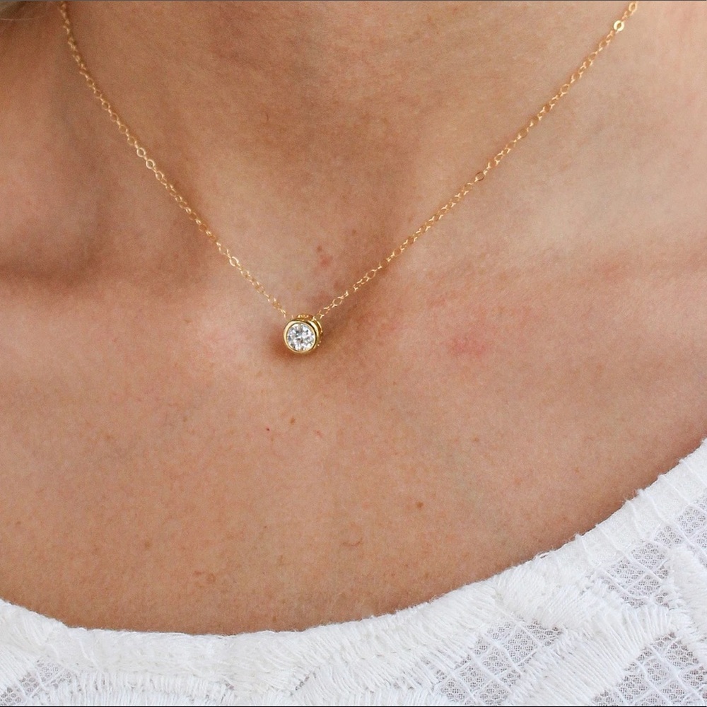 Dainty 14k Gold Solo CZ Diamond Necklace - Picture 6 of 7